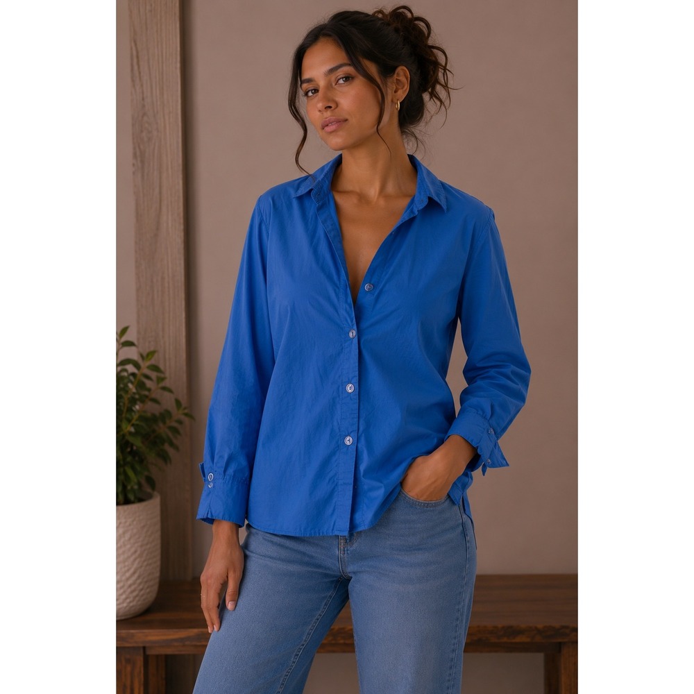 Sinsay Womens XL Cobalt Blue Button Down Shirt Long Sleeve Gold Circle Buttons